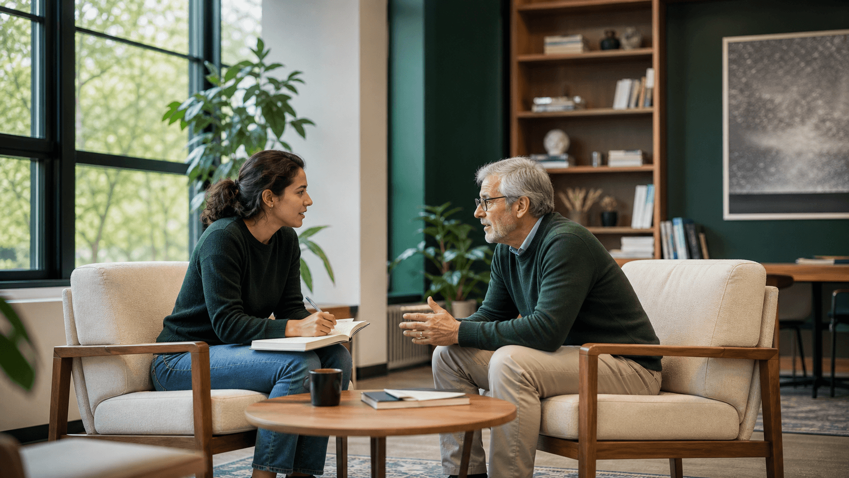 Early-career researcher and mentor discussing research development in a university setting.