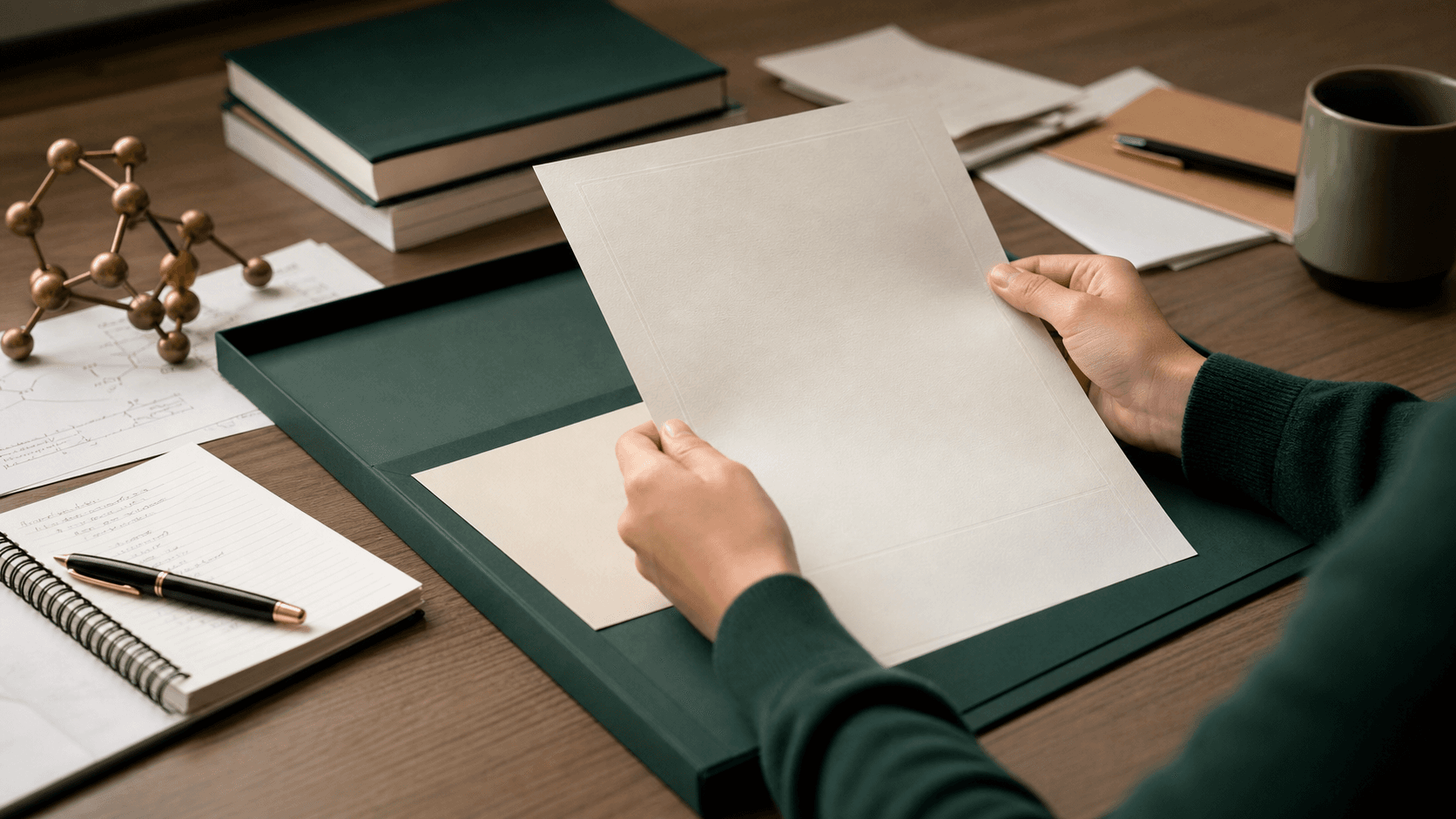 Applicant reading a scholarship offer beside a notebook and funding papers.