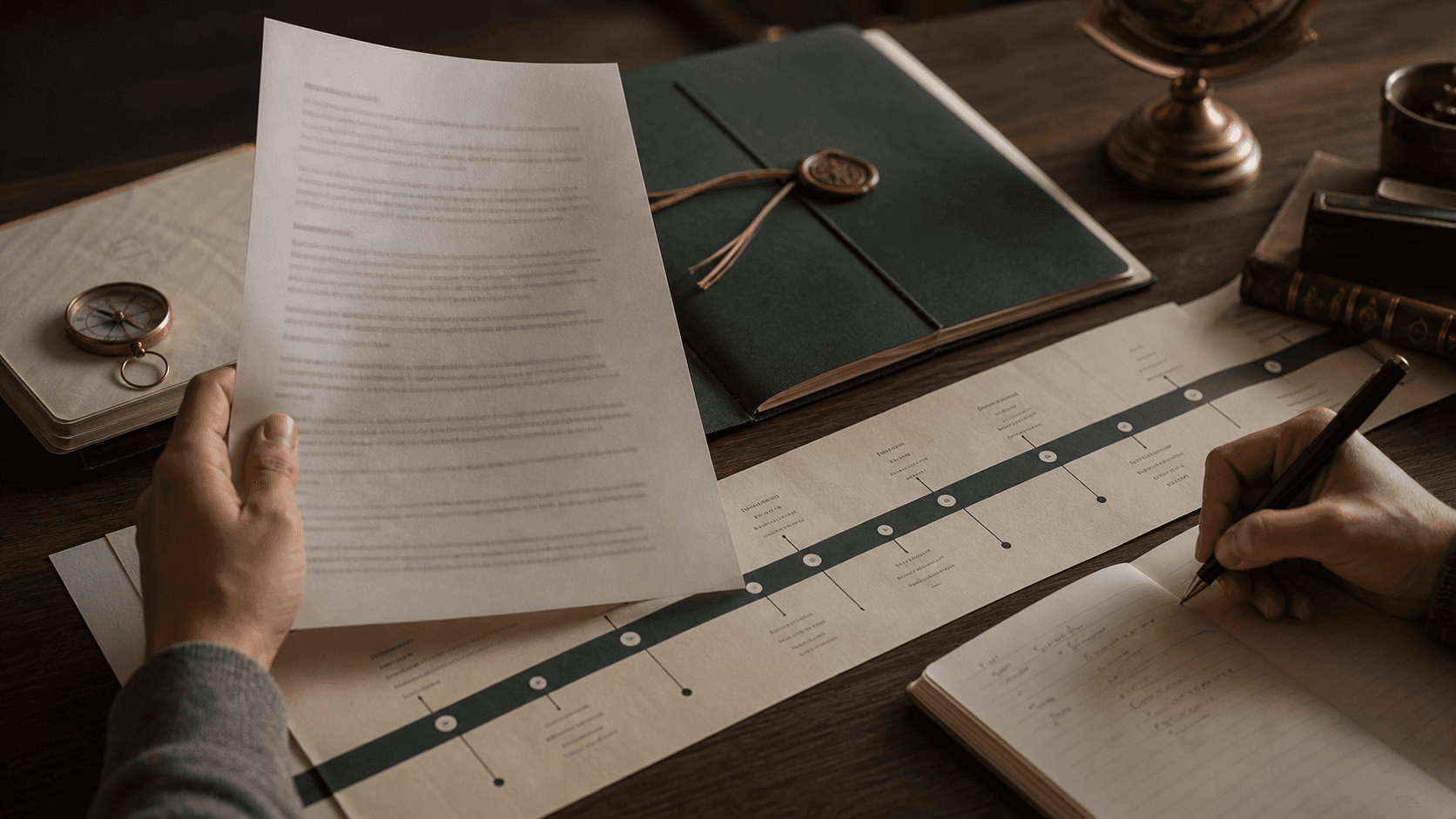Applicant reviewing funding conditions and a long-term timeline at a desk.
