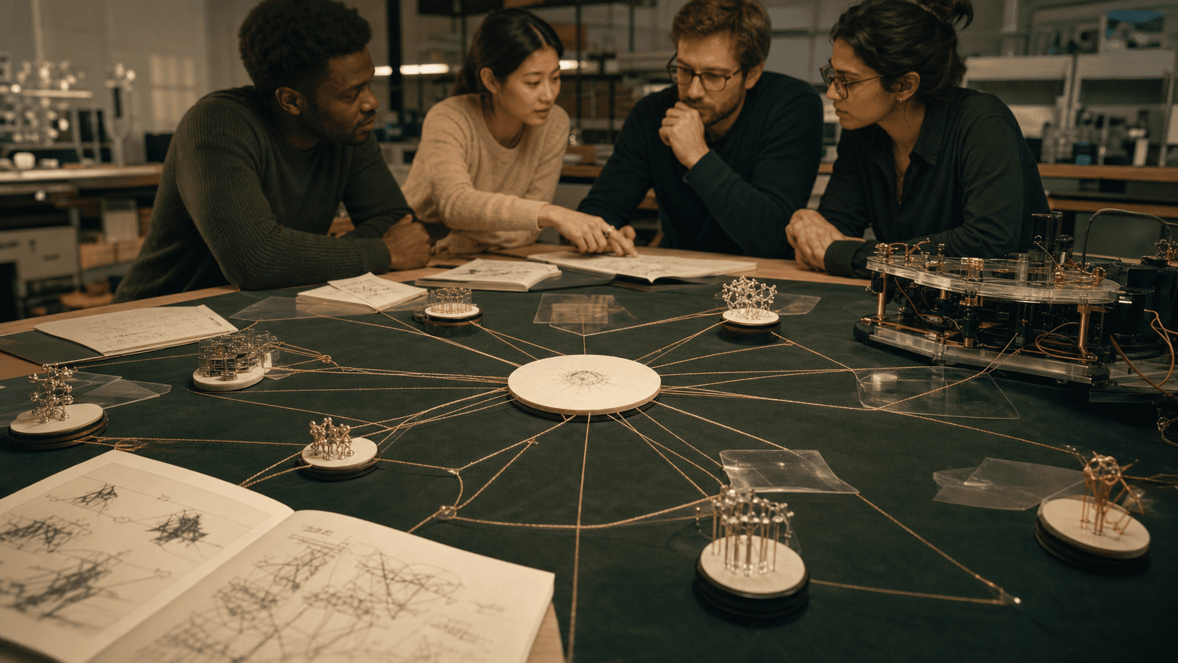 Editorial research map connecting a question, methods, publication evidence, a collaborating group, and an active prototype.