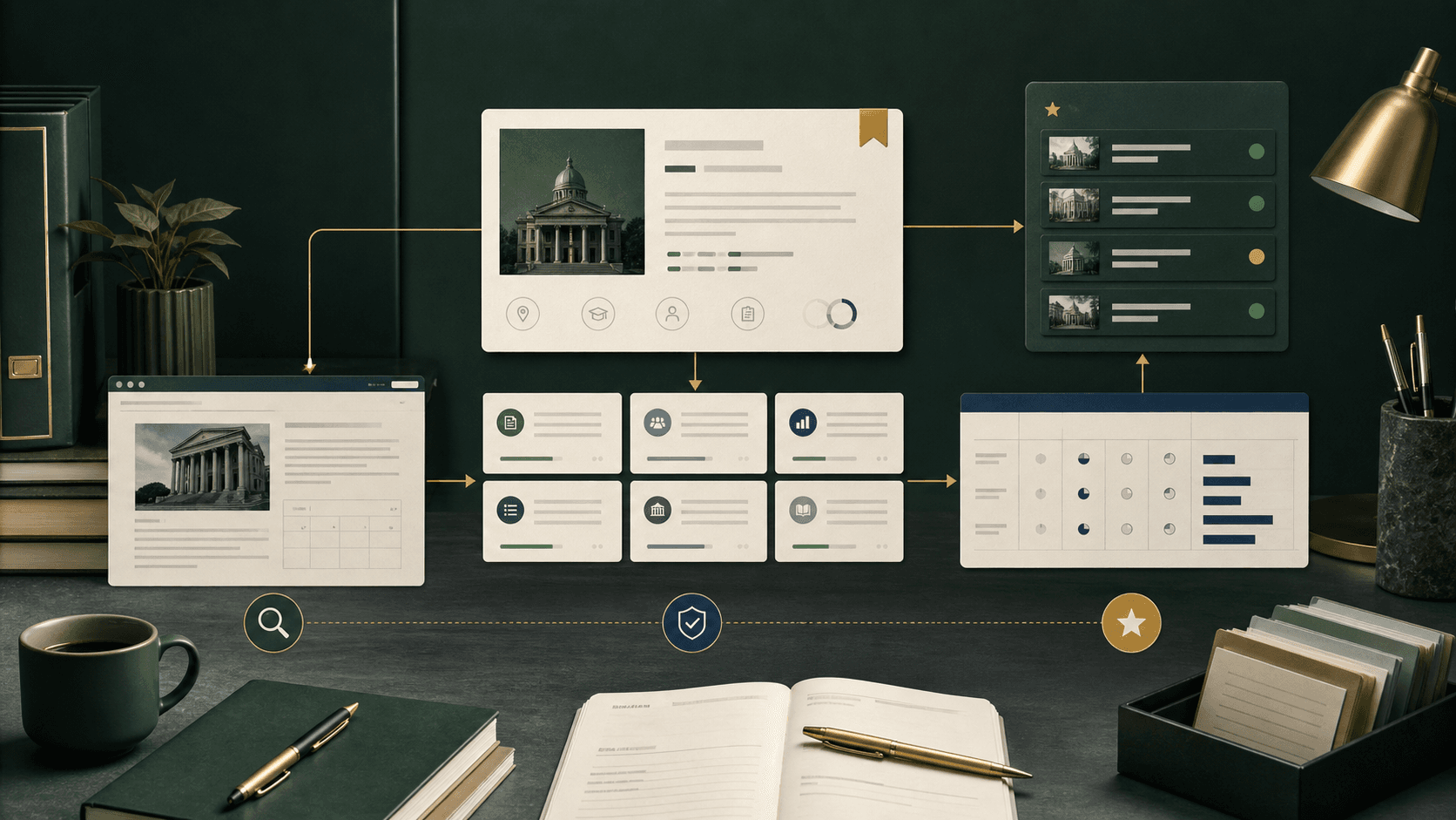 Source-backed PhD search system connecting an opportunity record, original sources, evidence cards, freshness, and a decision queue.