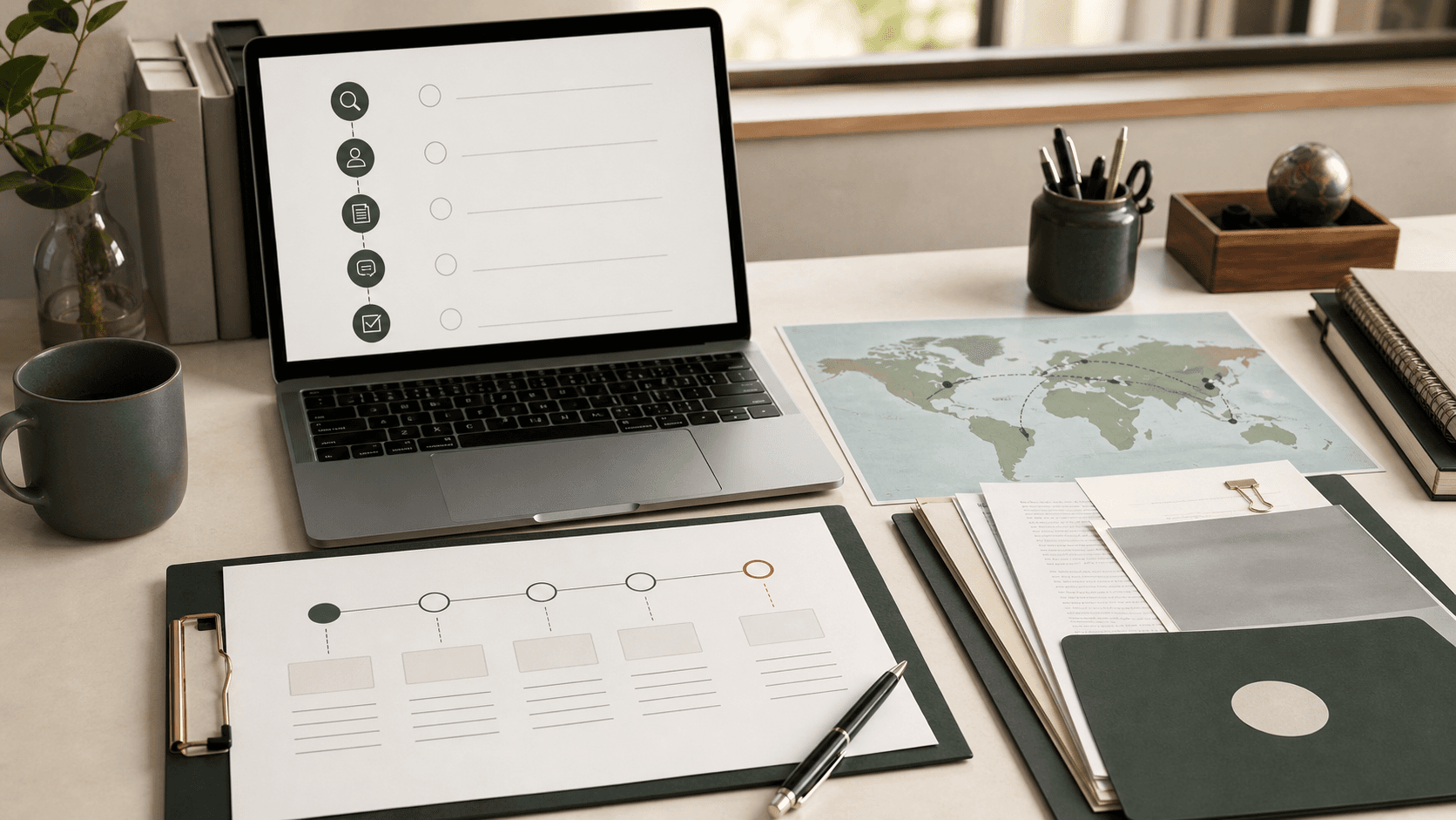 International PhD application workflow with a document checklist, dependency timeline, world map, and submission folder.