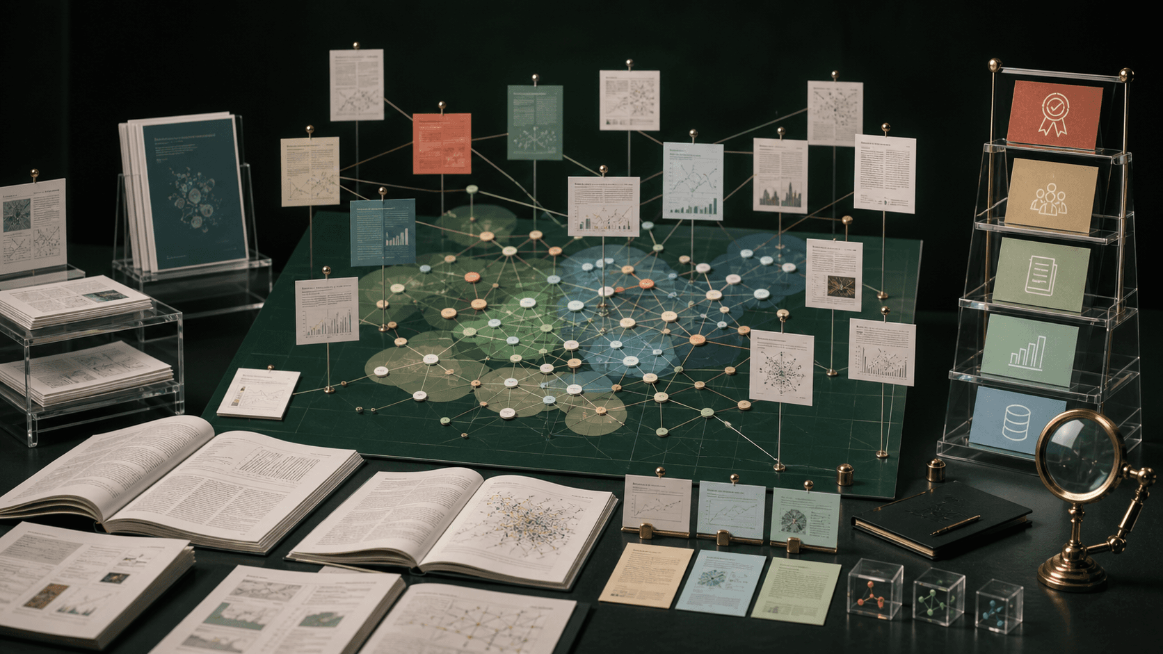 Research-field map connecting journal articles, source records, methods, datasets, and research groups.