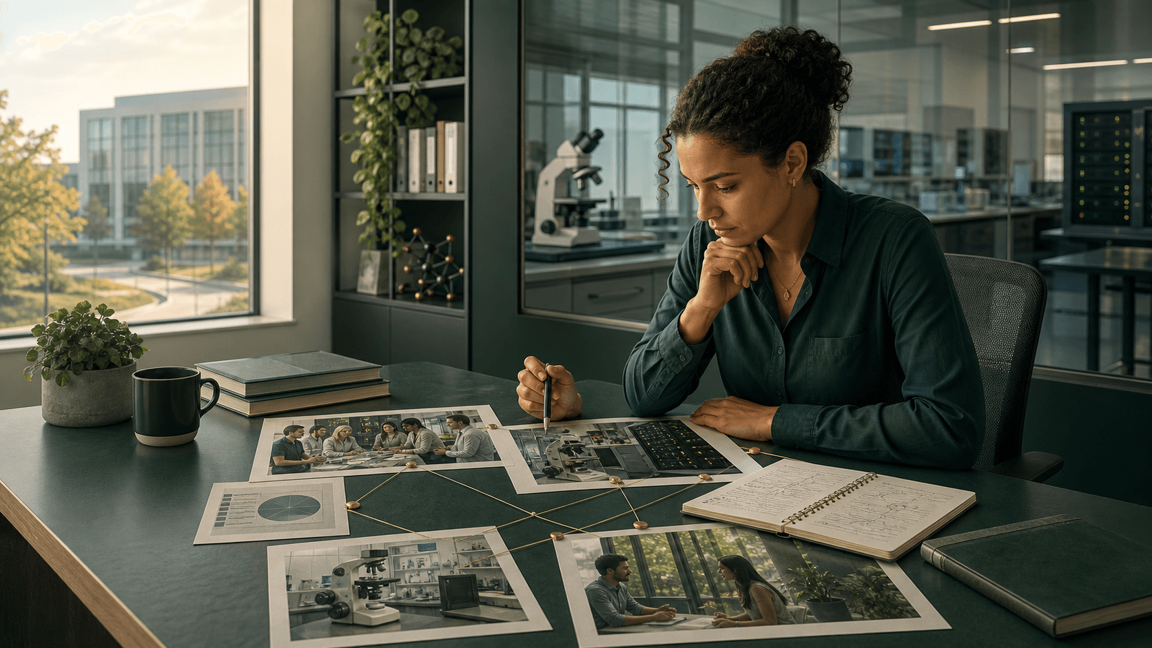 Researcher reviewing an evidence map that connects a research group, shared facility, current project, doctoral support, and collaboration.