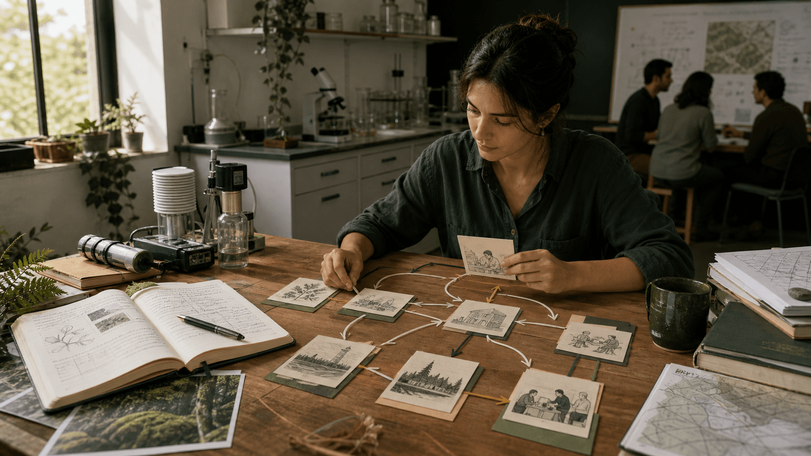 Researcher arranging a branching research-career map that connects laboratory work, field research, data work, and collaborative research settings.