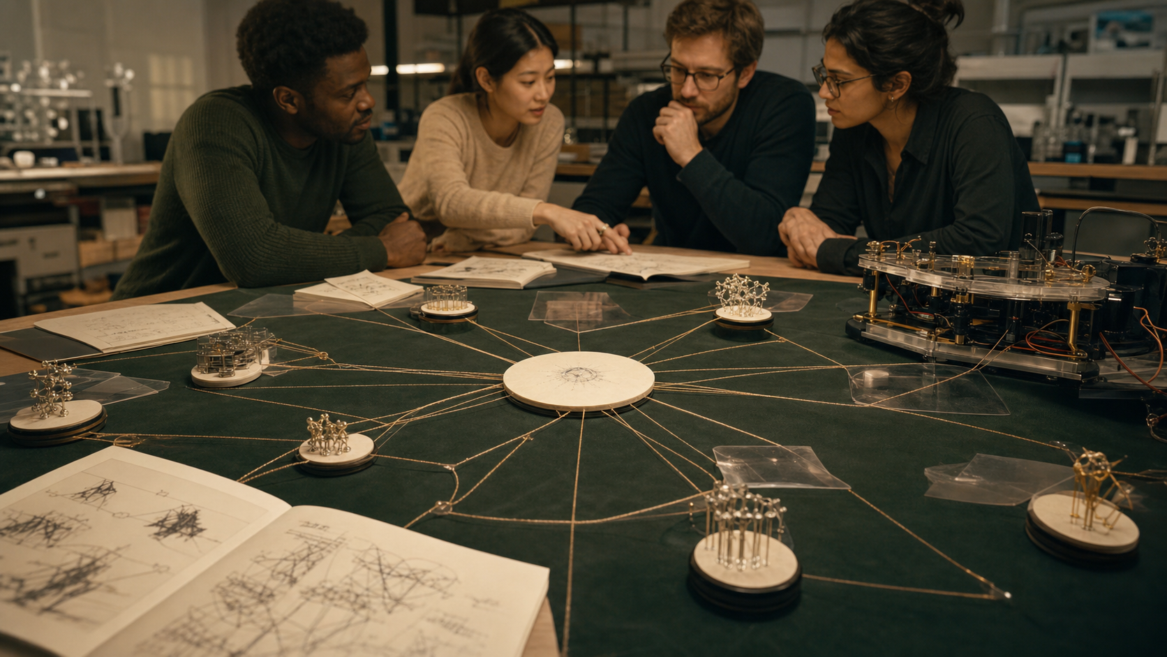 Editorial research map connecting a question, methods, publication evidence, a collaborating group, and an active prototype.
