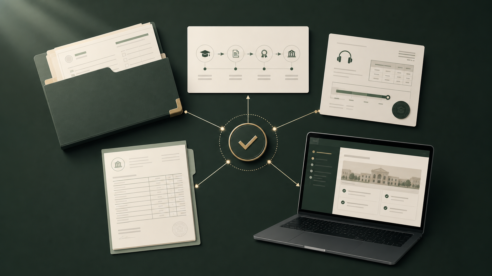 Admissions evidence map connecting degree equivalency, language evidence, documents, and a university eligibility decision.