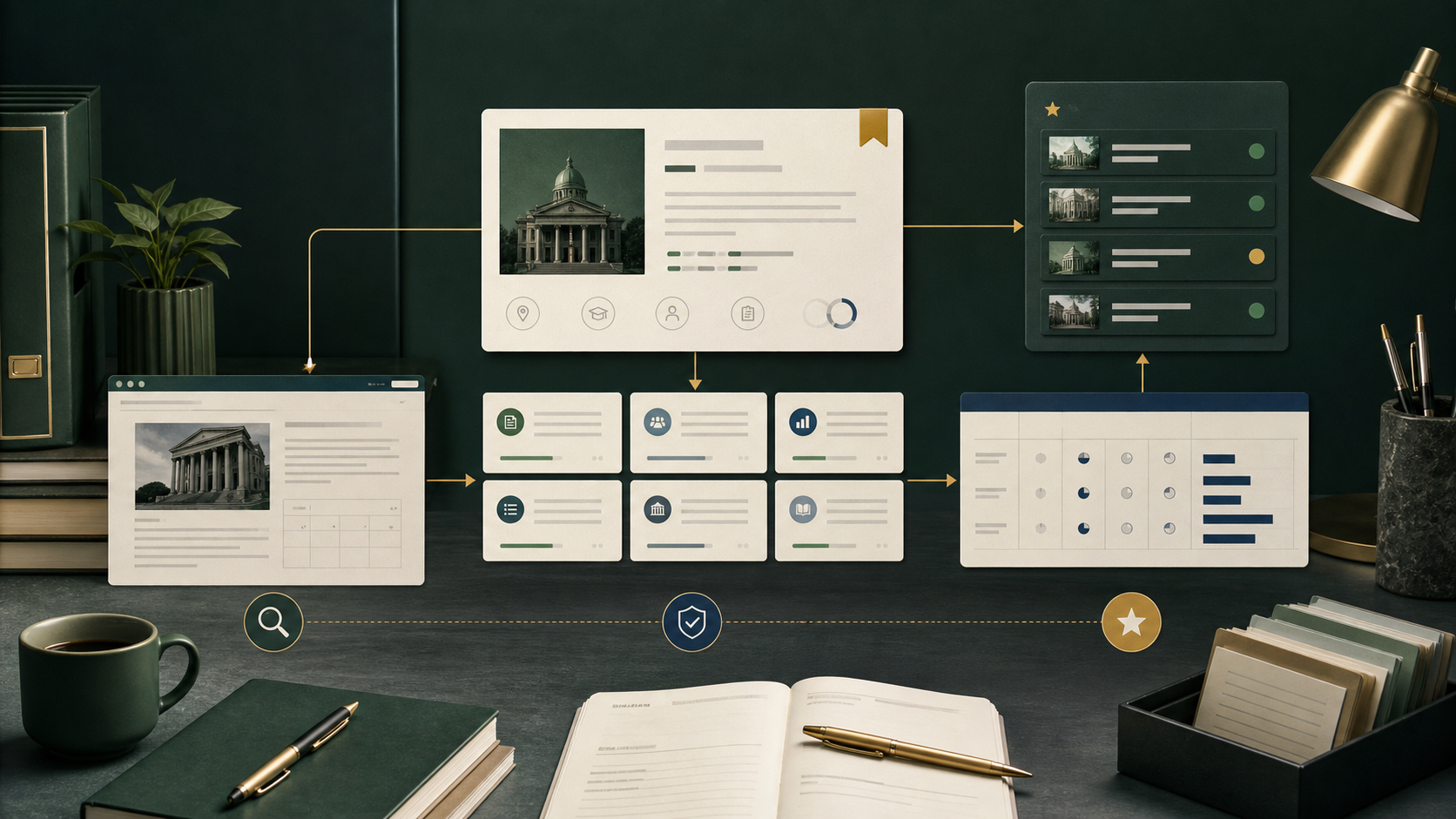 Source-backed PhD search system connecting an opportunity record, original sources, evidence cards, freshness, and a decision queue.