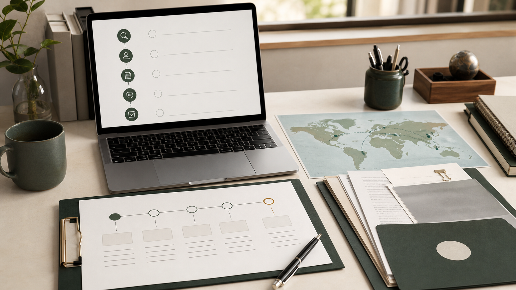 International PhD application workflow with a document checklist, dependency timeline, world map, and submission folder.