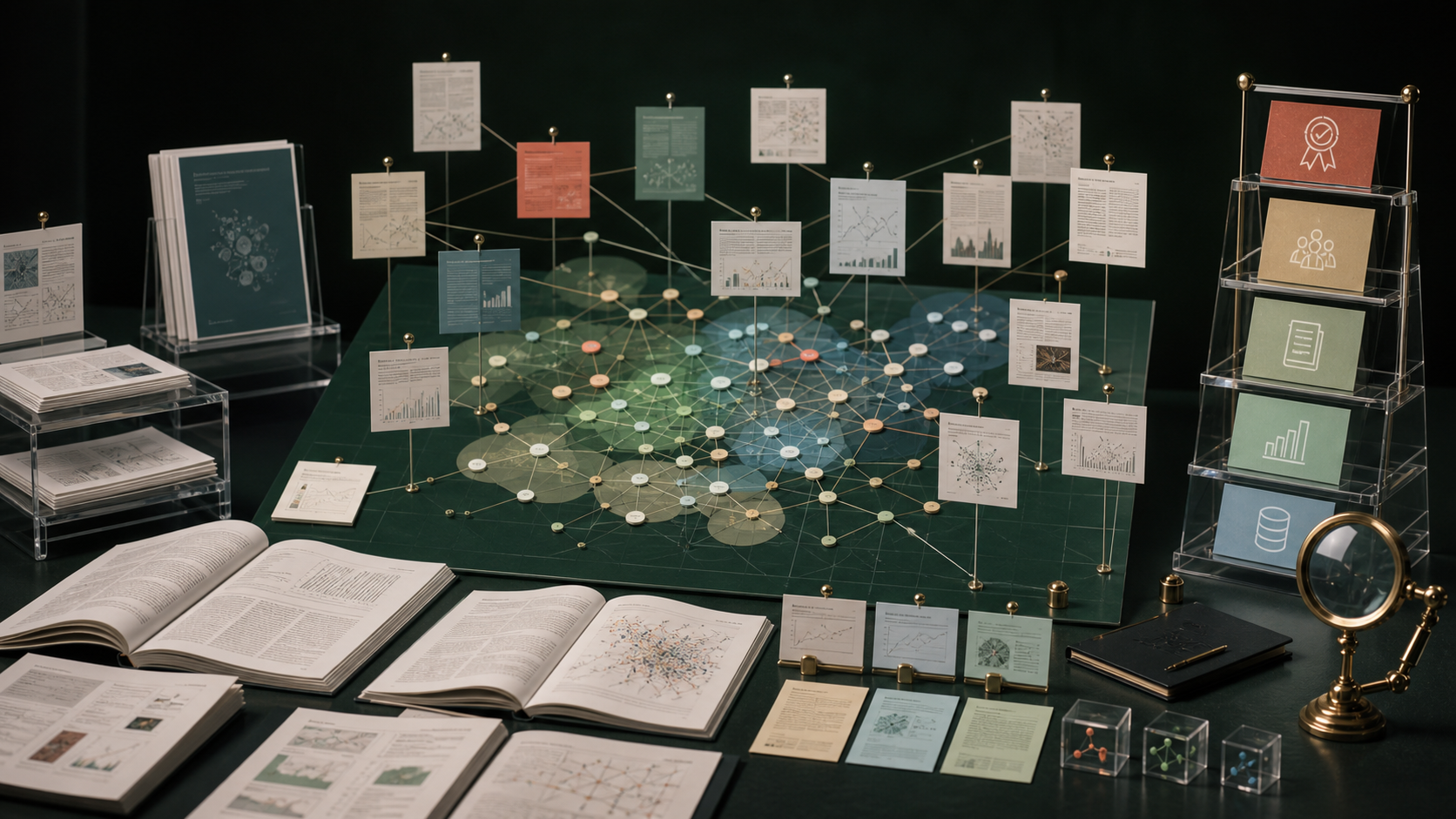 Research-field map connecting journal articles, source records, methods, datasets, and research groups.