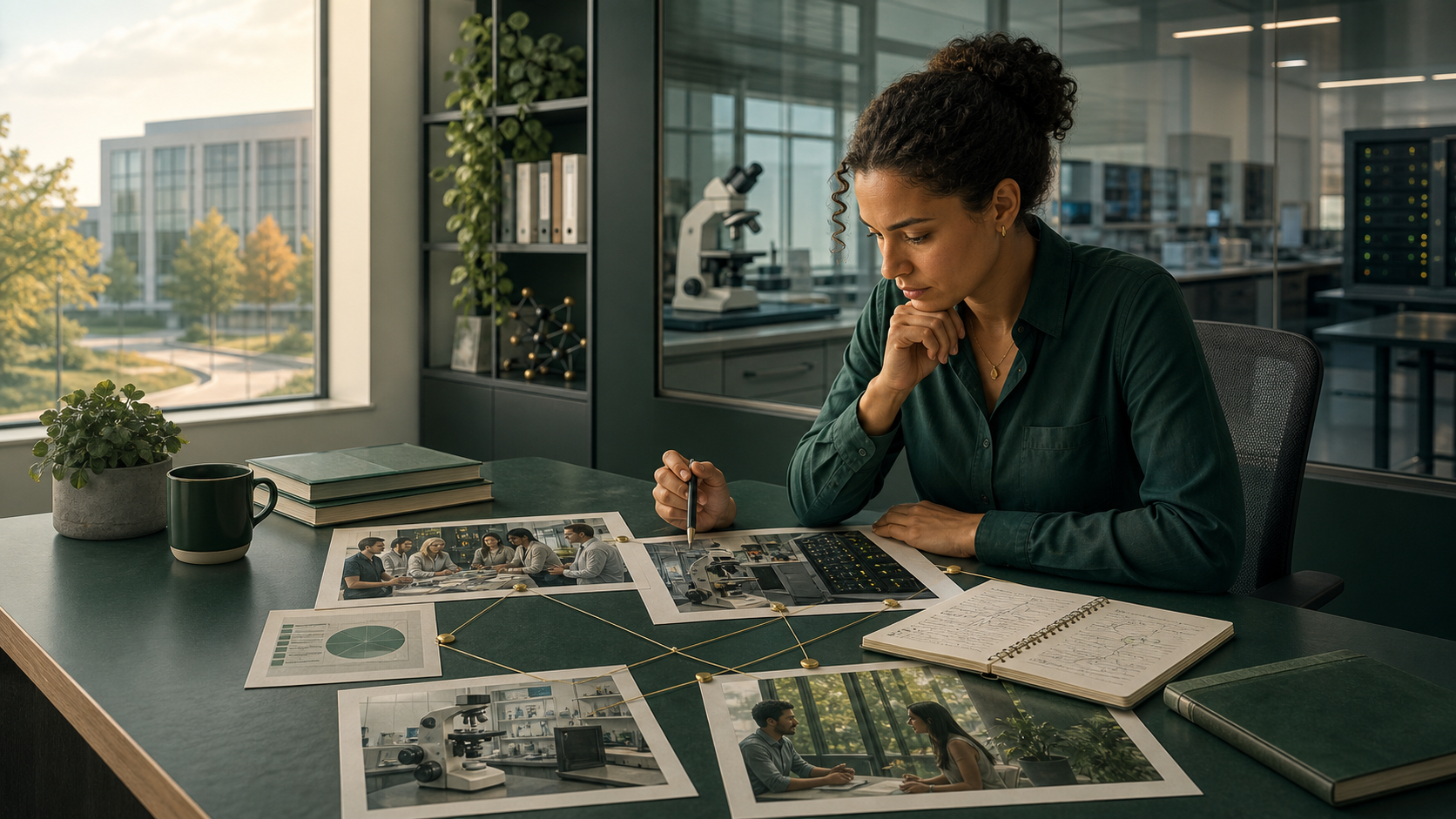 Researcher reviewing an evidence map that connects a research group, shared facility, current project, doctoral support, and collaboration.