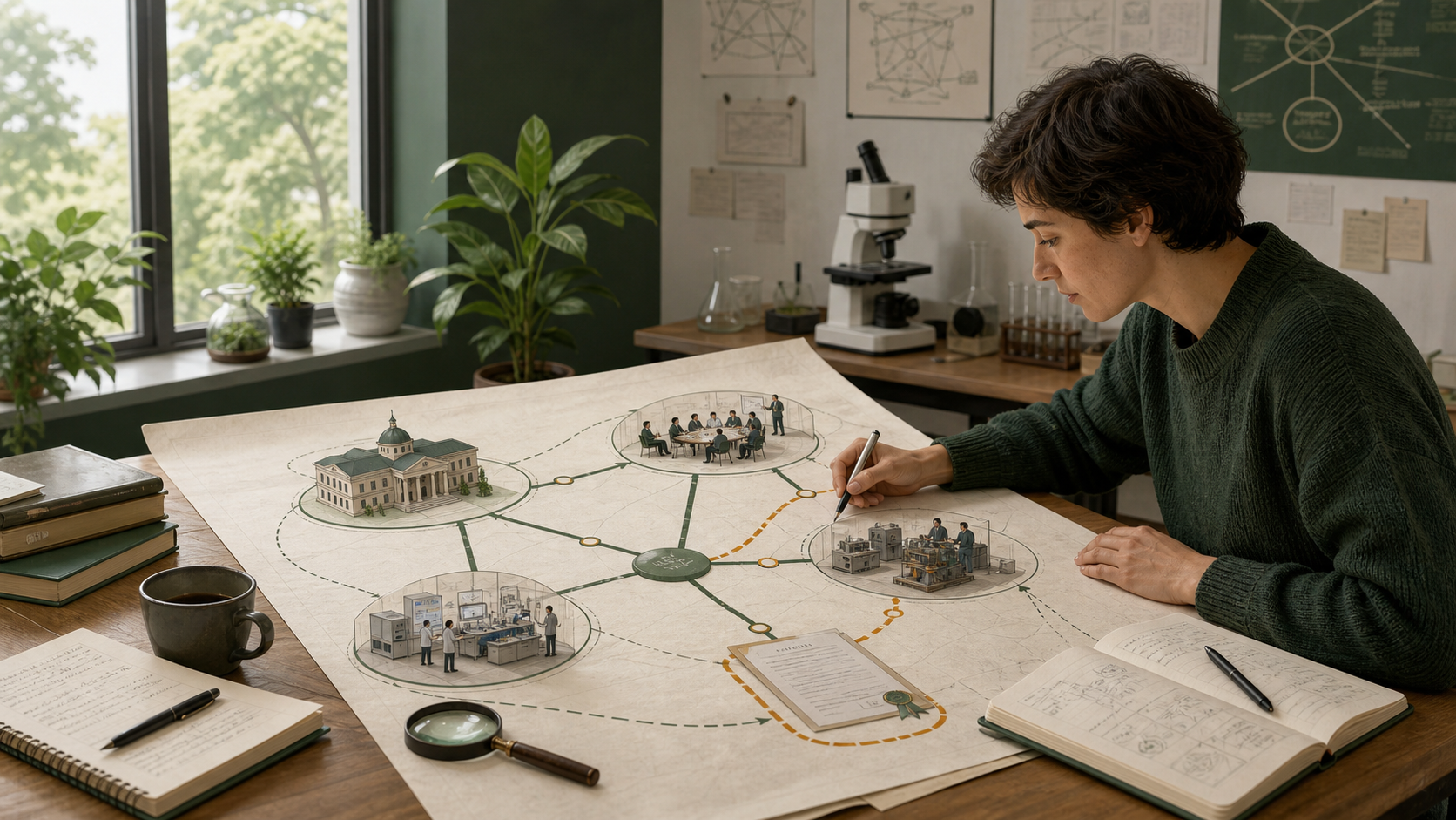 Researcher tracing a doctoral research route across a university, research cohort, shared facility, partner organisation, and degree pathway.