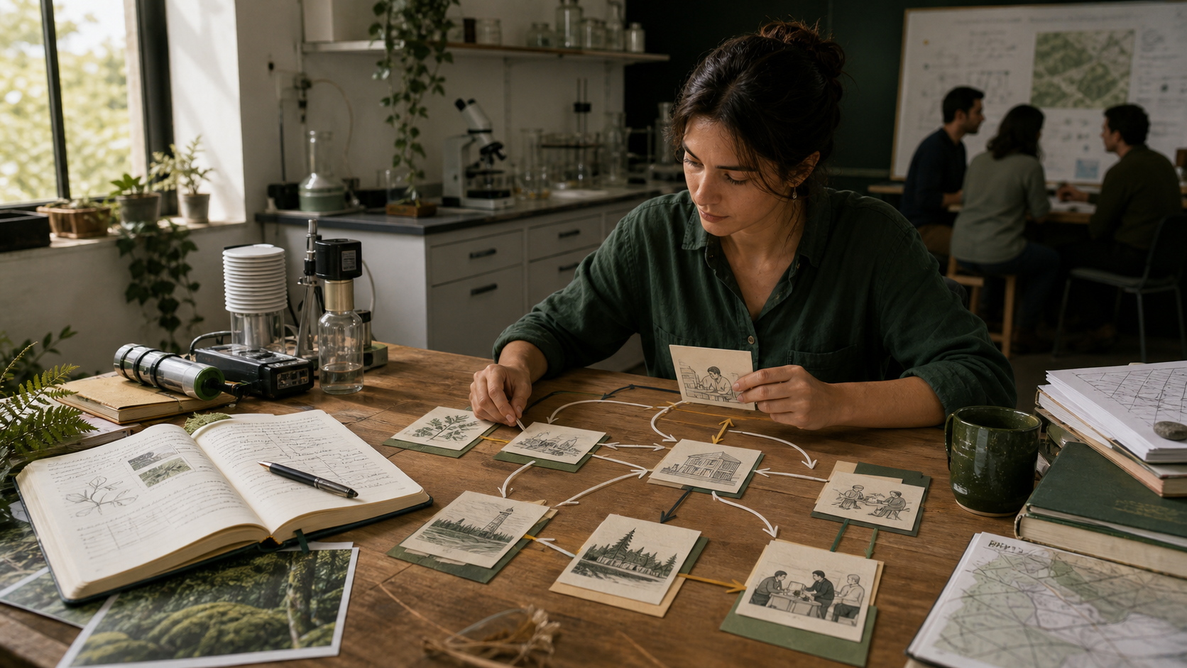Researcher arranging a branching research-career map that connects laboratory work, field research, data work, and collaborative research settings.